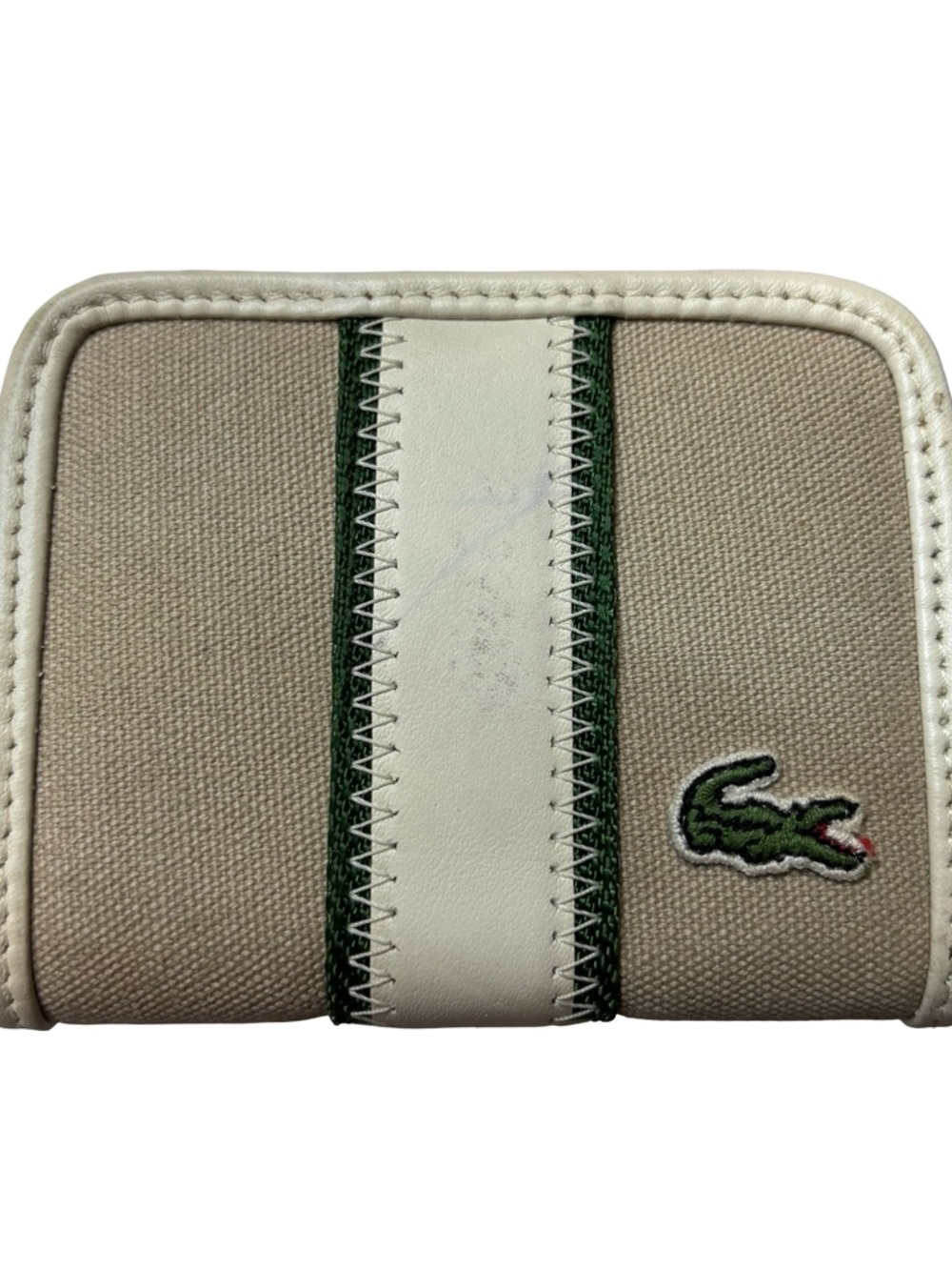 Lacoste Beige Canvas Zip Card Wallet with White Trim & Green Accent